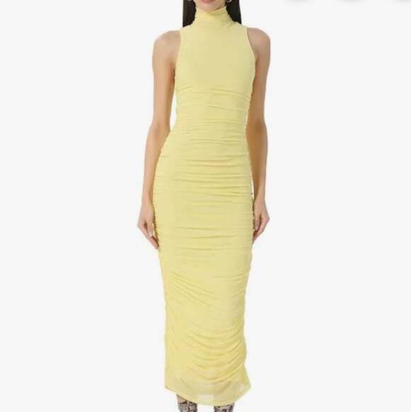 AFRM Dresses & Skirts - AFRM Sleeveless Mock Neck Ruched Midi Dress in Neon Yellow Size Small